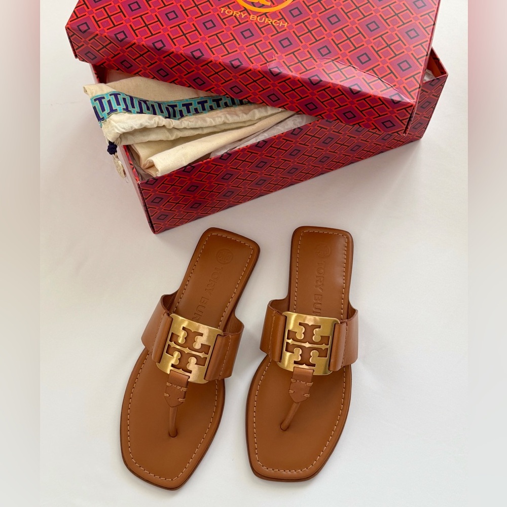 NWT Tory Burch Georgia Calf Leather Sandals, Aged Camello /Gold - Picture 15 of 16